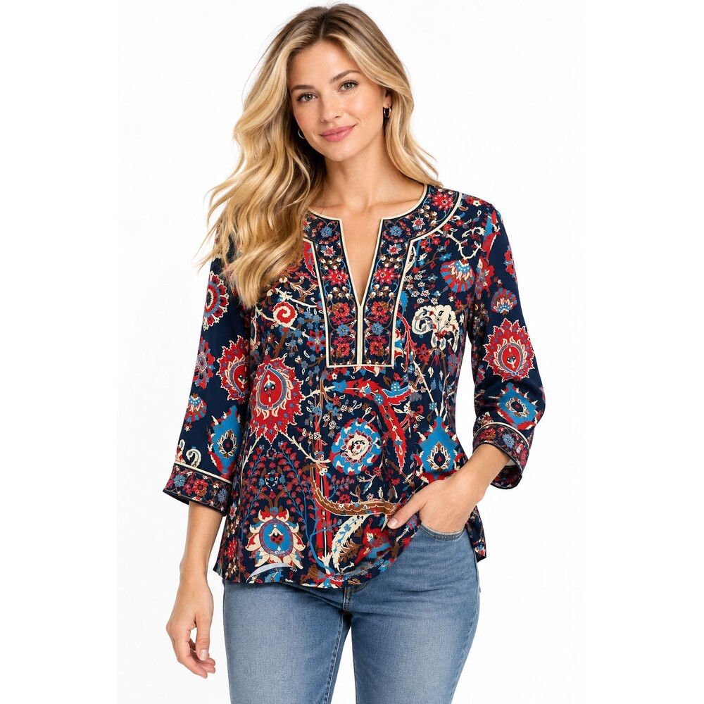 Gretchen Scott Top Size Medium Split Neck 3/4 Sleeve Floral Print Resort Wear